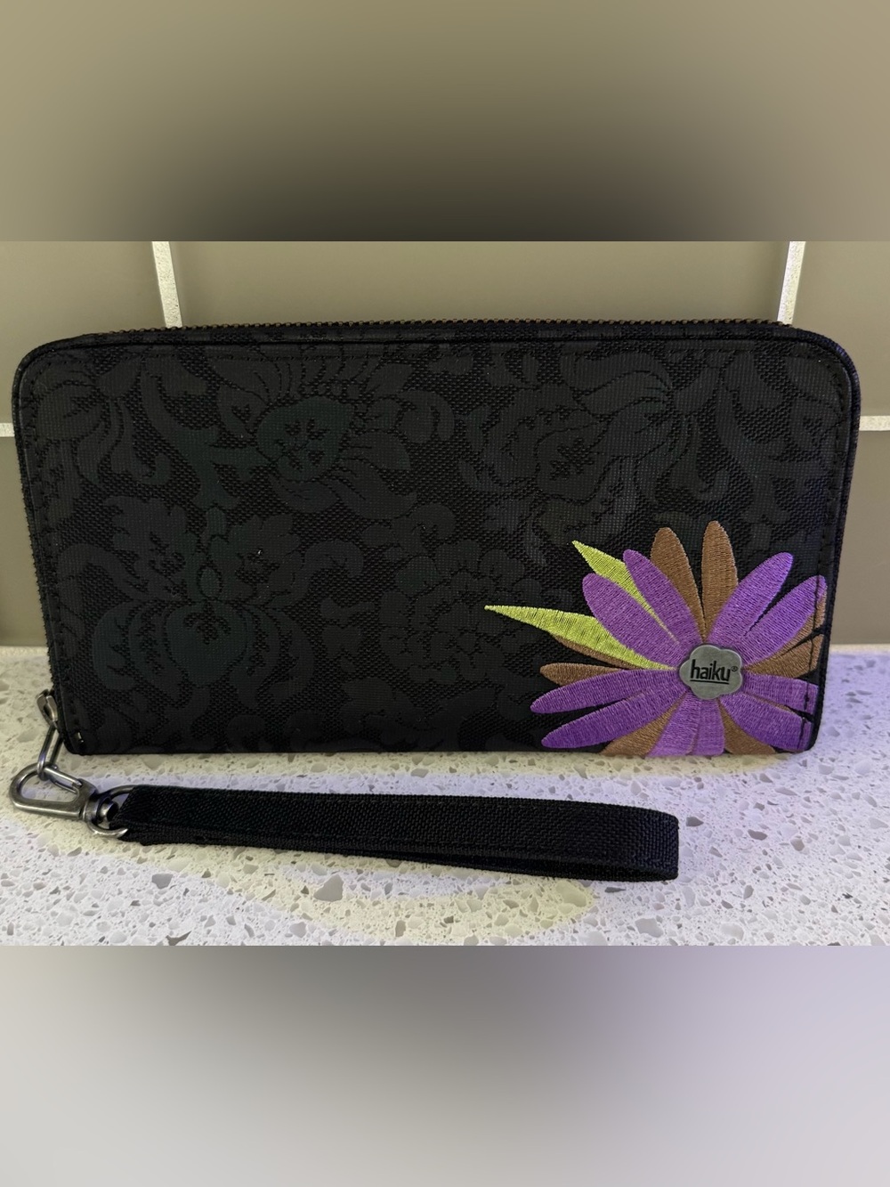Haiku Black Damask Wristlet/Wallet with Floral Embroidery